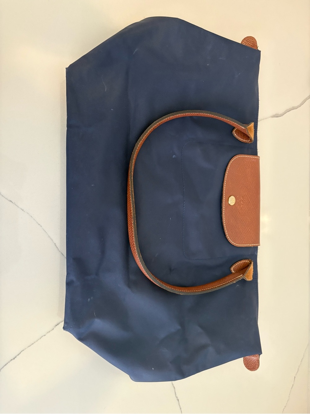 Longchamp Navy Tote with Brown Leather Trim - Women's Bag